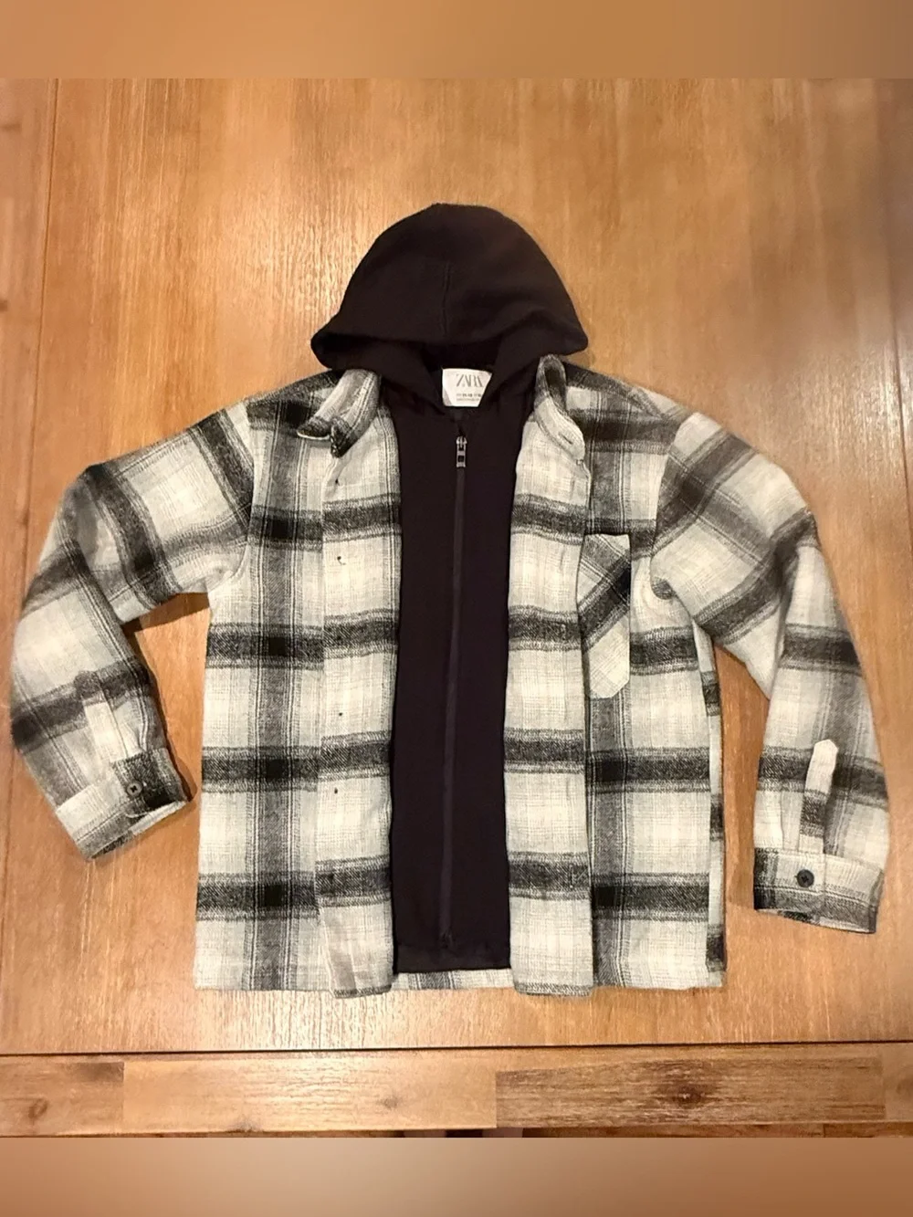 Zara Kids Overshirt Shacket w/Built In Black Hoodie Black White Plaid Size 11/12